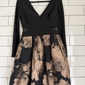 Xscape Black Dress with Gold Floral Jacquard Skirt